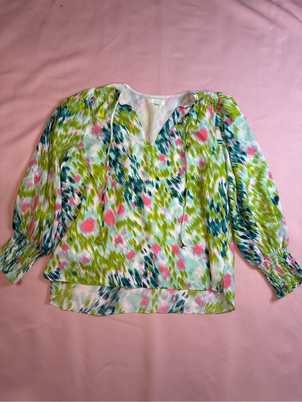 Jade Anthropologie - Bright Green/Teal/Pink Printed Puff-Sleeve Blouse - Size S